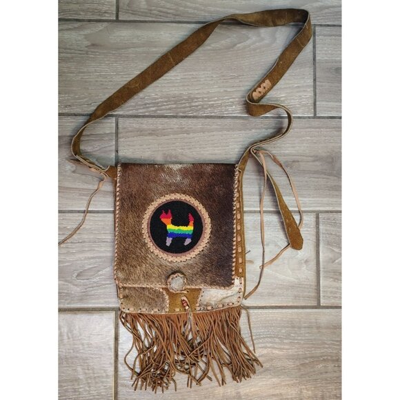 Handmade Leather Cowhide Beaded Crossbody Purse, Rainbow Cat, Pride Fringe Boho - Picture 1 of 7
